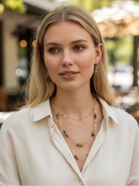 Gold-Tone Multi-Chain Necklace with Orange and Olive Beads